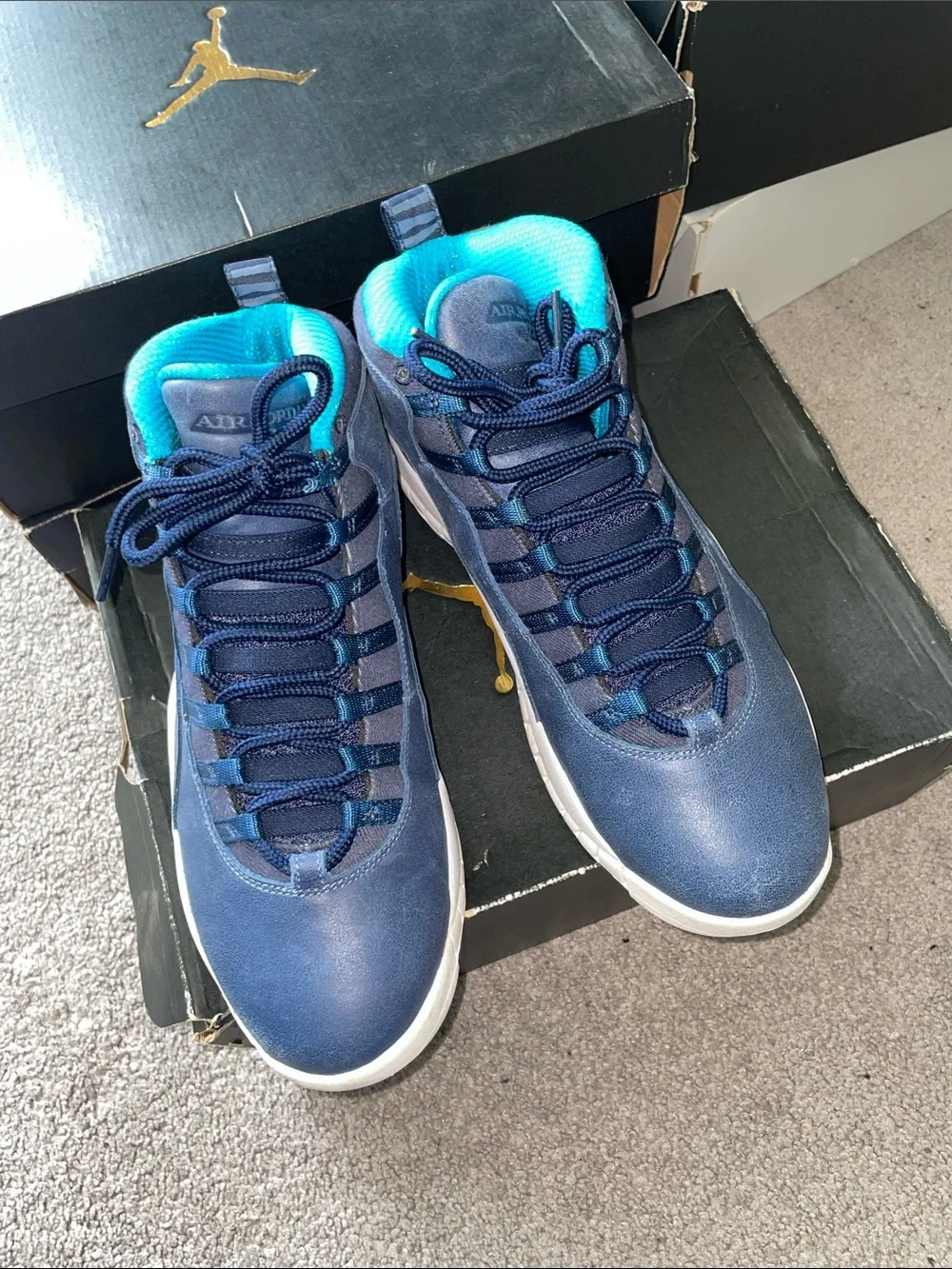 Jordan Navy Blue and Teal High-Top Basketball Sneakers